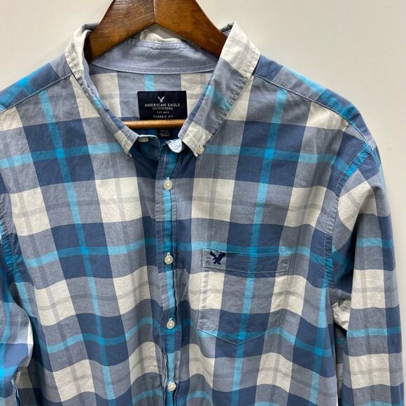 American Eagle | Blue Plaid Button Down Shirt Classic Fit - Picture 3 of 4